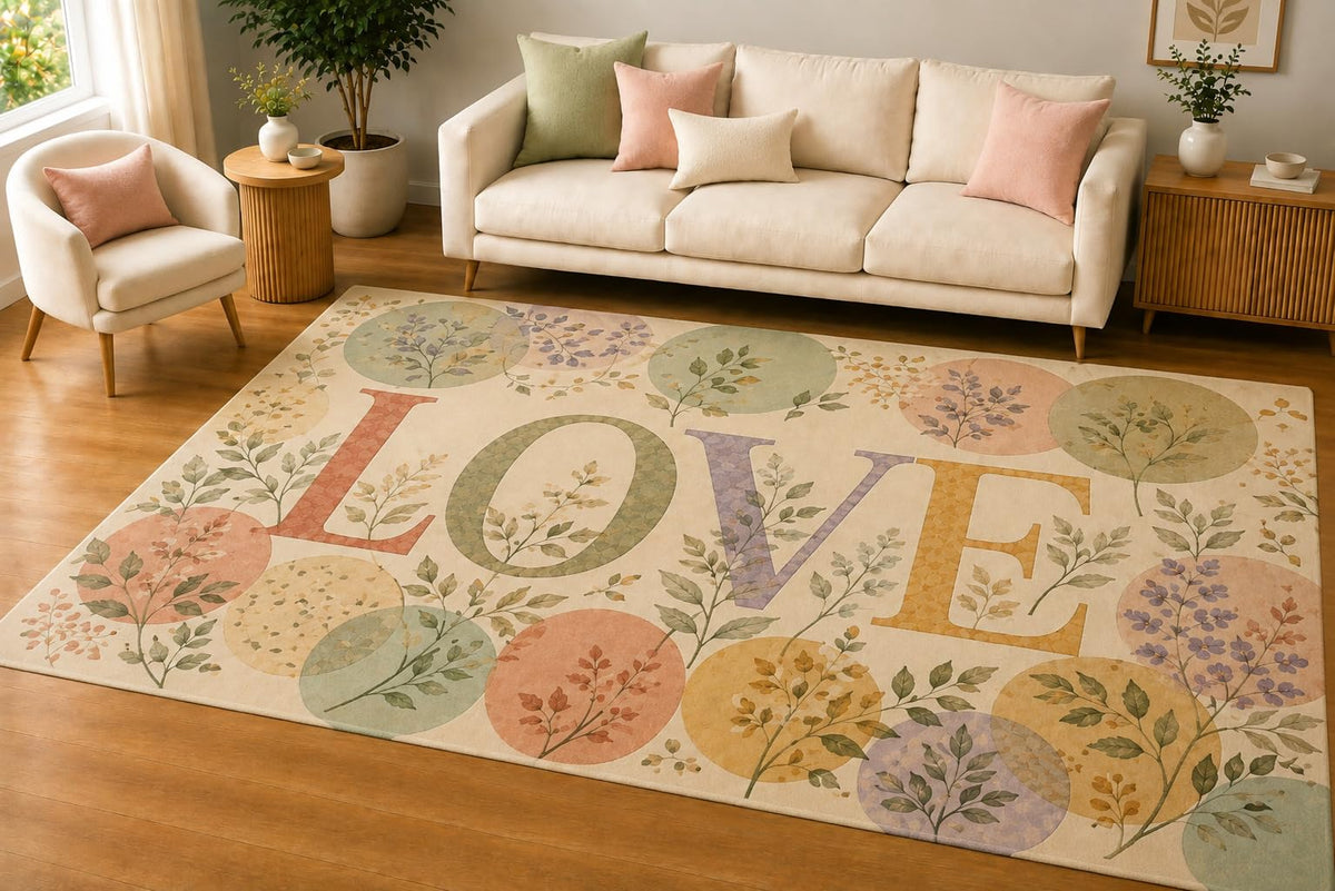ICE ARMOR 5' x 7' Minimal Botanical Love Area Rug, Soft Low Pile Indoor Rug with Non-Slip Silicone Backing, Decorative Carpet for Living Room, Bedroom, Office, Beige Sage