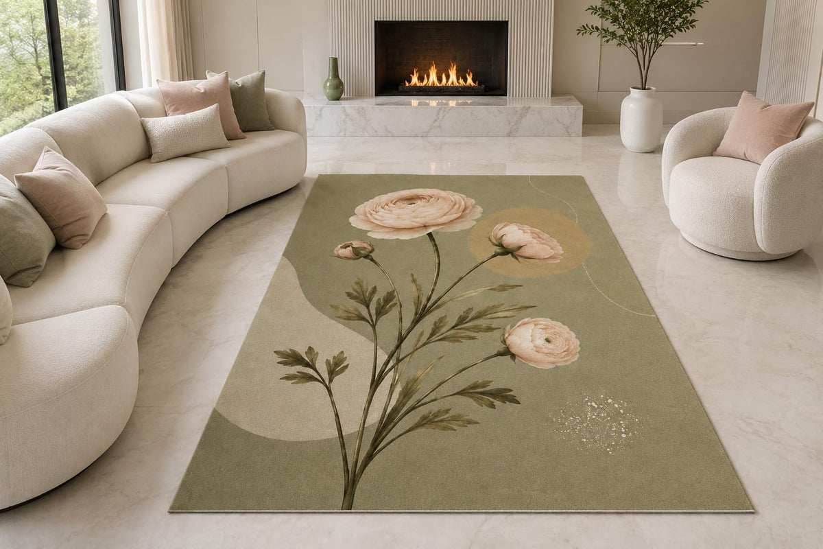 ICE ARMOR "Ultra Lightweight Large 6'7" x 9'10" Minimal Blush Flowers Area Rug for Living Room, Bedroom and Home Office, Soft Low Pile Carpet with Non-Slip Silicone Backing, Sage and Pink