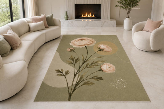ICE ARMOR "Ultra Lightweight Large 6'7" x 9'10" Minimal Blush Flowers Area Rug for Living Room, Bedroom and Home Office, Soft Low Pile Carpet with Non-Slip Silicone Backing, Sage and Pink