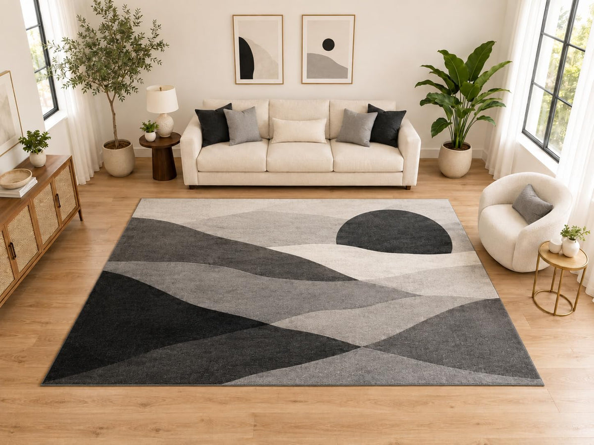 ICE ARMOR "Ultra Light Weight Large 6'7" x 9'10" Mountain Sunset Area Rug, Soft Low Pile Indoor Rug and Non-Slip Silicone Backing for Living Room and Office, Gray