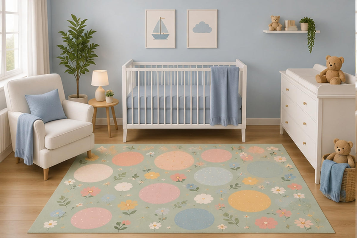 ICE ARMOR 5' x 7' Pastel Polka Dot Floral Area Rug for Nursery Room, Minimalist Circle Pattern with Wildflowers Baby Bedroom Decor, Non-Slip Silicone Backing Low Pile