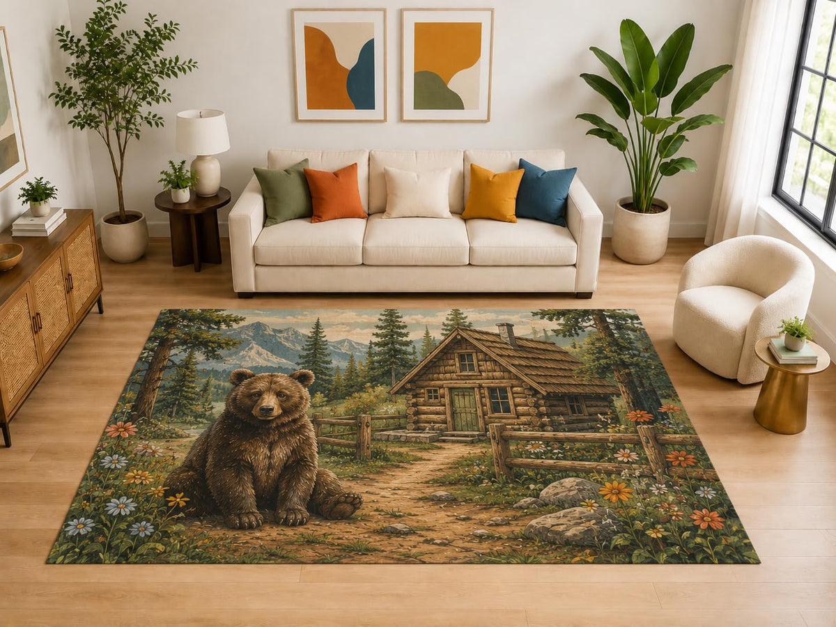 ICE ARMOR "Ultra Light Weight Large 6'7" x 9'10" Bear Cabin Meadow Rug for Living Room, Soft Low Pile Indoor Rug and Non-Slip Silicone Backing, Brown