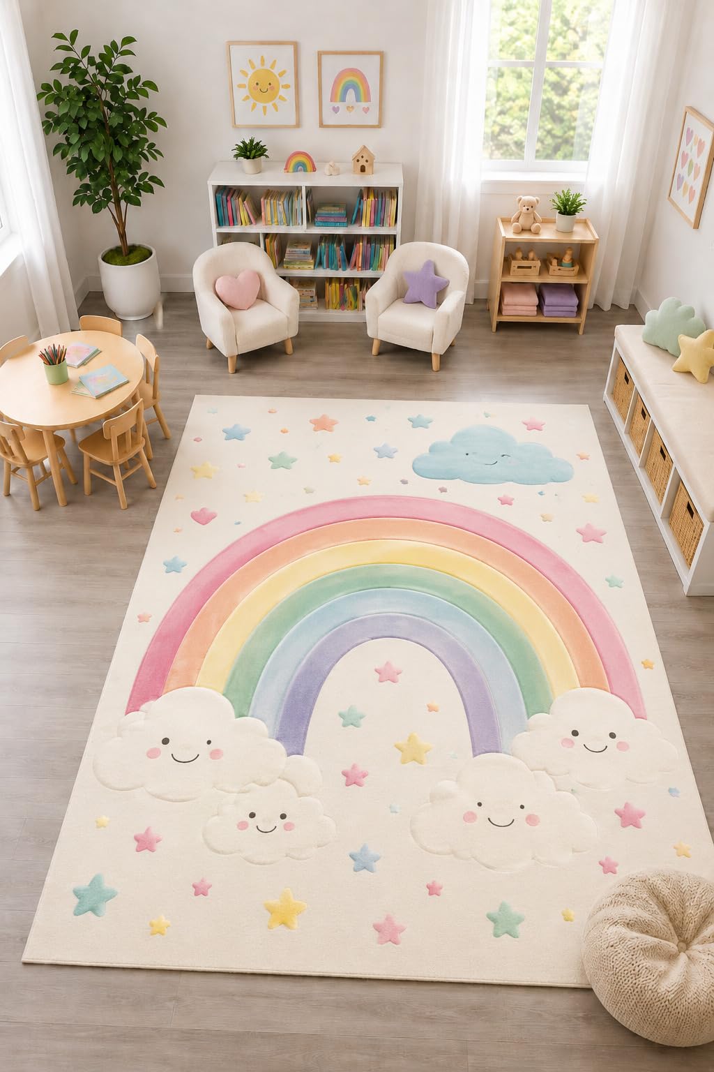 ICE ARMOR "Ultra Light Weight Large 6'7" x 9'10" Rainbow Cloud Star Rug, Soft Low Pile Indoor Rug, Non-Slip Silicone Backing for Kids Room Pastel