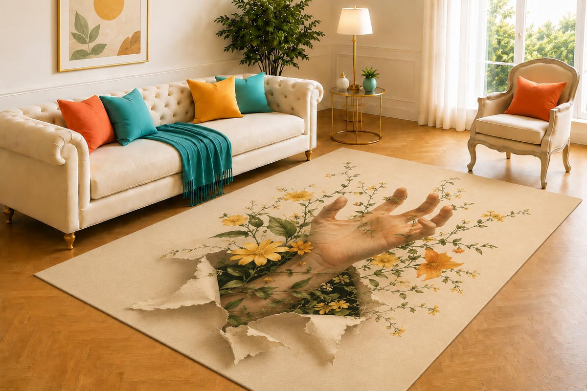 ICE ARMOR 5' x 7' Emerging Hand Rug, Cracked Ground Branch and Autumn Leaf Artwork, Smooth Printed Floor Cover for Entryway, Study, Lounge and Haunted Decor