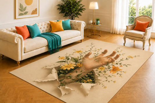 ICE ARMOR 5' x 7' Emerging Hand Rug, Cracked Ground Branch and Autumn Leaf Artwork, Smooth Printed Floor Cover for Entryway, Study, Lounge and Haunted Decor