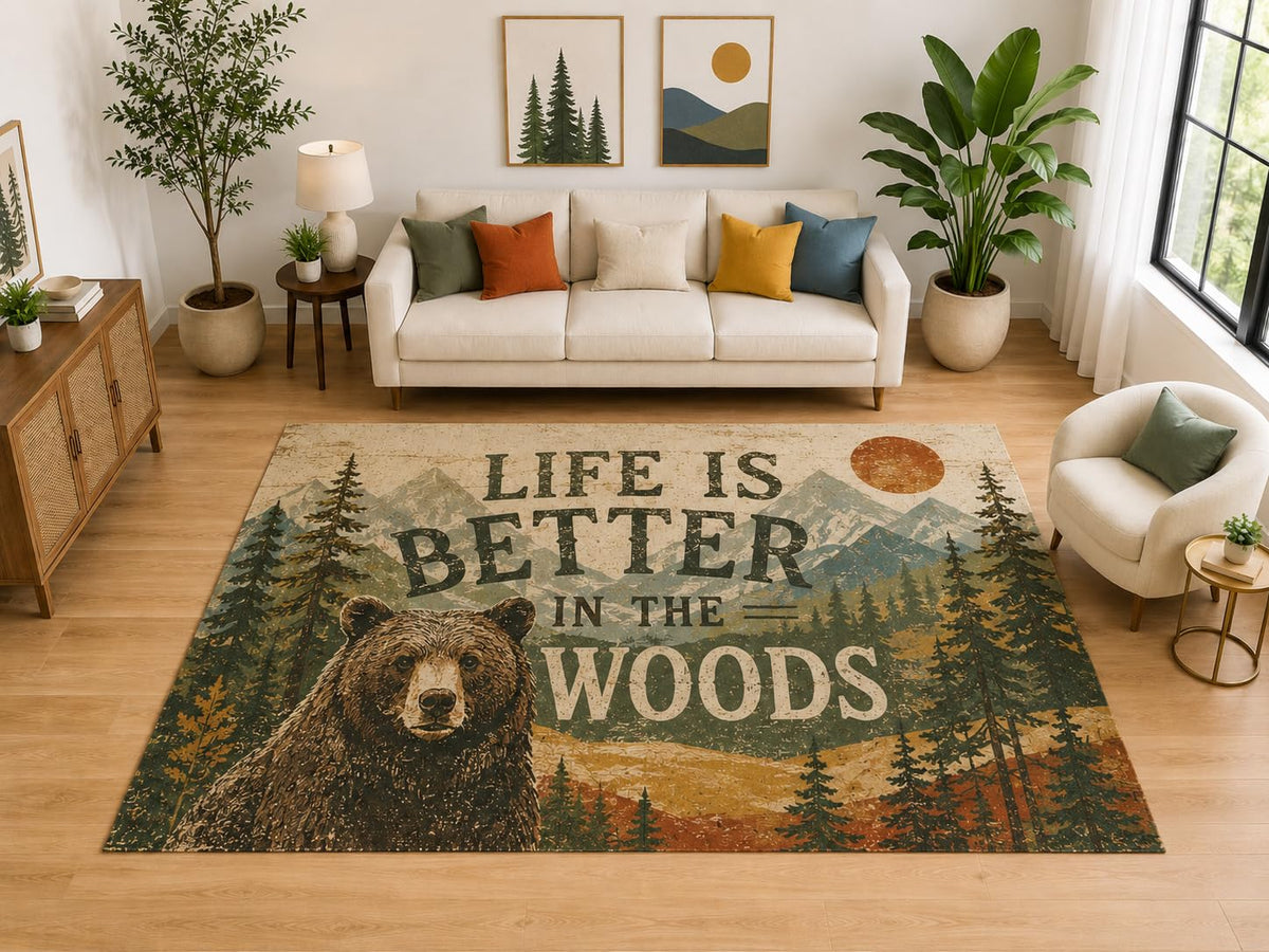 ICE ARMOR "Ultra Light Weight Large 6'7" x 9'10" Better in the Woods Bear Rug, Soft Low Pile Indoor Rug, Non-Slip Silicone Backing, Bedroom Green