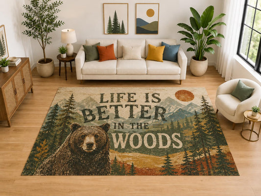 ICE ARMOR "Ultra Light Weight Large 6'7" x 9'10" Better in the Woods Bear Rug, Soft Low Pile Indoor Rug, Non-Slip Silicone Backing, Bedroom Green