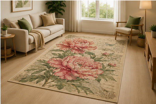 ICE ARMOR 5' x 7' Purple Floral Garden Area Rug for Living Room, Soft Low Pile Indoor Rug with Non-Slip Silicone Backing, Decorative Carpet for Bedroom, Office, Family Room, Purple Green