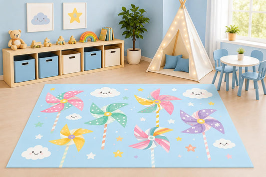 ICE ARMOR 5' x 7' Colorful Pinwheels Area Rug for Kids Playroom Nursery Bedroom, Pastel Windmill Cartoon Nursery Decor Carpet, Non-Slip Silicone Backing Low Pile