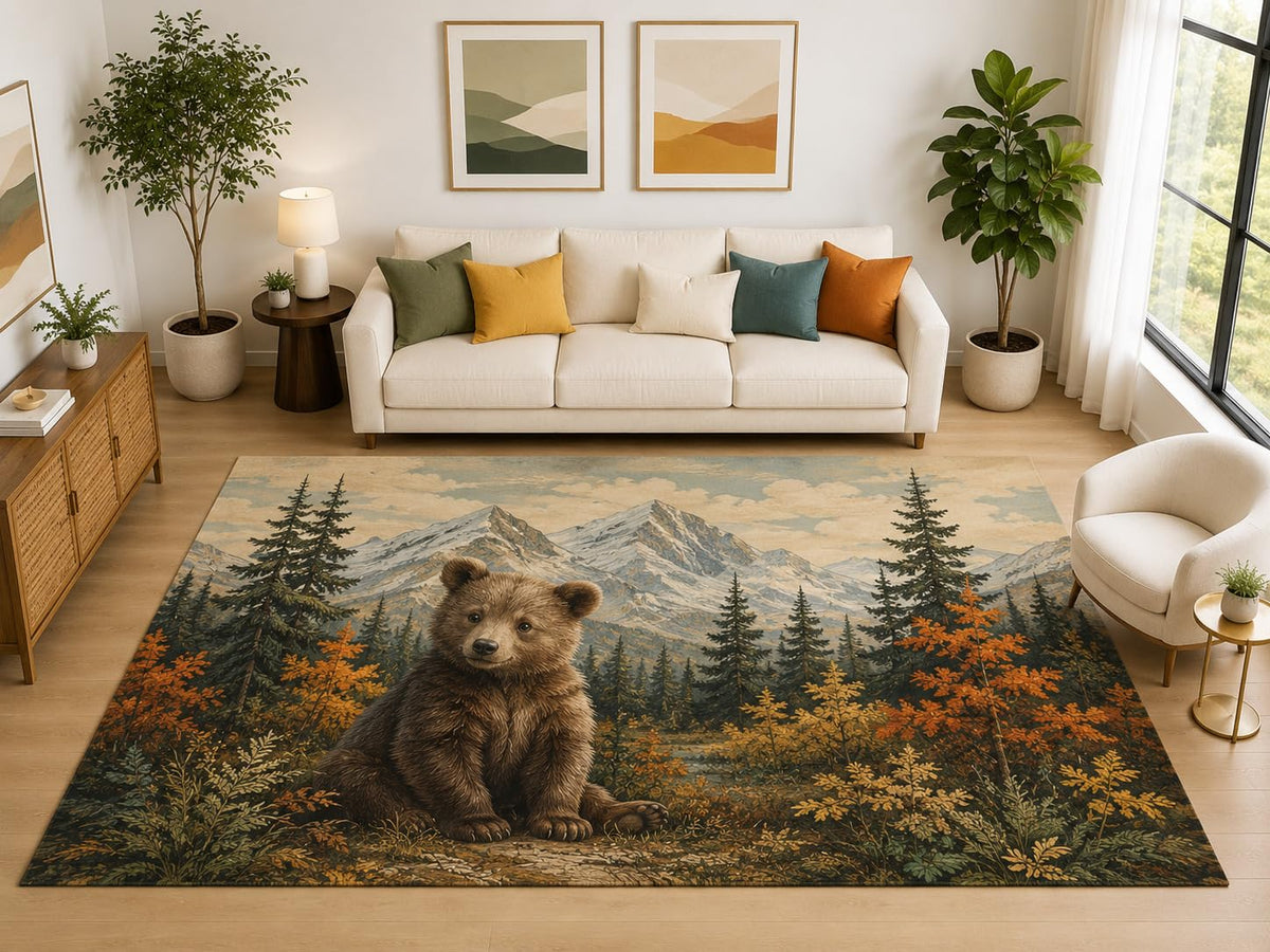 ICE ARMOR "Ultra Light Weight Large 6'7" x 9'10" Bear Cub Mountain Forest Rug, Soft Low Pile Indoor Rug, Non-Slip Silicone Backing for Bedroom Brown