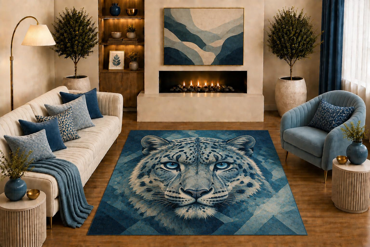 ICE ARMOR "Ultra Light Weight 5' x 7' Snow Leopard Area Rug Modern Geometric Wildlife Portrait Art Blue Gray for Living Room Bedroom Office Decor Non-Slip Silicone Backing Low Pile
