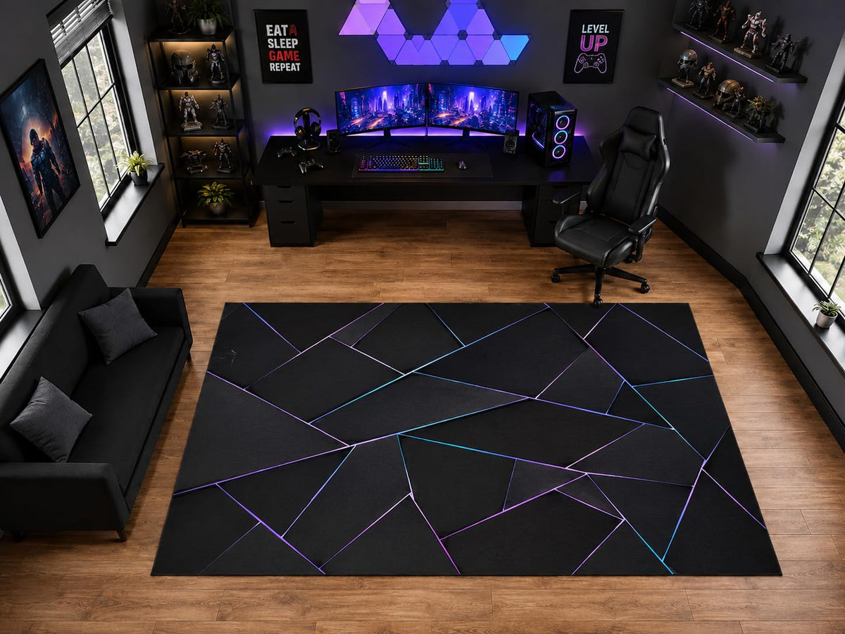 ICE ARMOR "Ultra Light Weight Large 6'7" x 9'10" Neon Geometric Line Pattern Area Rug for Playroom Decor, Soft Low Pile Indoor Rug with Non-Slip Silicone Backing, Black Purple Blue