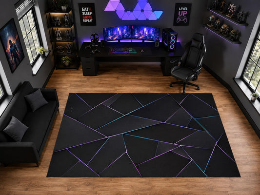 ICE ARMOR "Ultra Light Weight Large 6'7" x 9'10" Neon Geometric Line Pattern Area Rug for Playroom Decor, Soft Low Pile Indoor Rug with Non-Slip Silicone Backing, Black Purple Blue