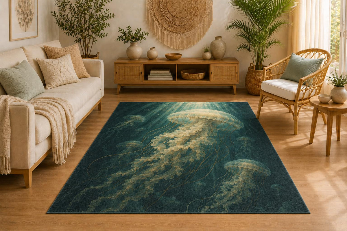 ICE ARMOR 5' x 7' Ocean Jellyfish Area Rug for Living Room, Soft Low Pile Indoor Rug with Non-Slip Silicone Backing, Carpet for Bedroom, Dining Room, Office, Blue