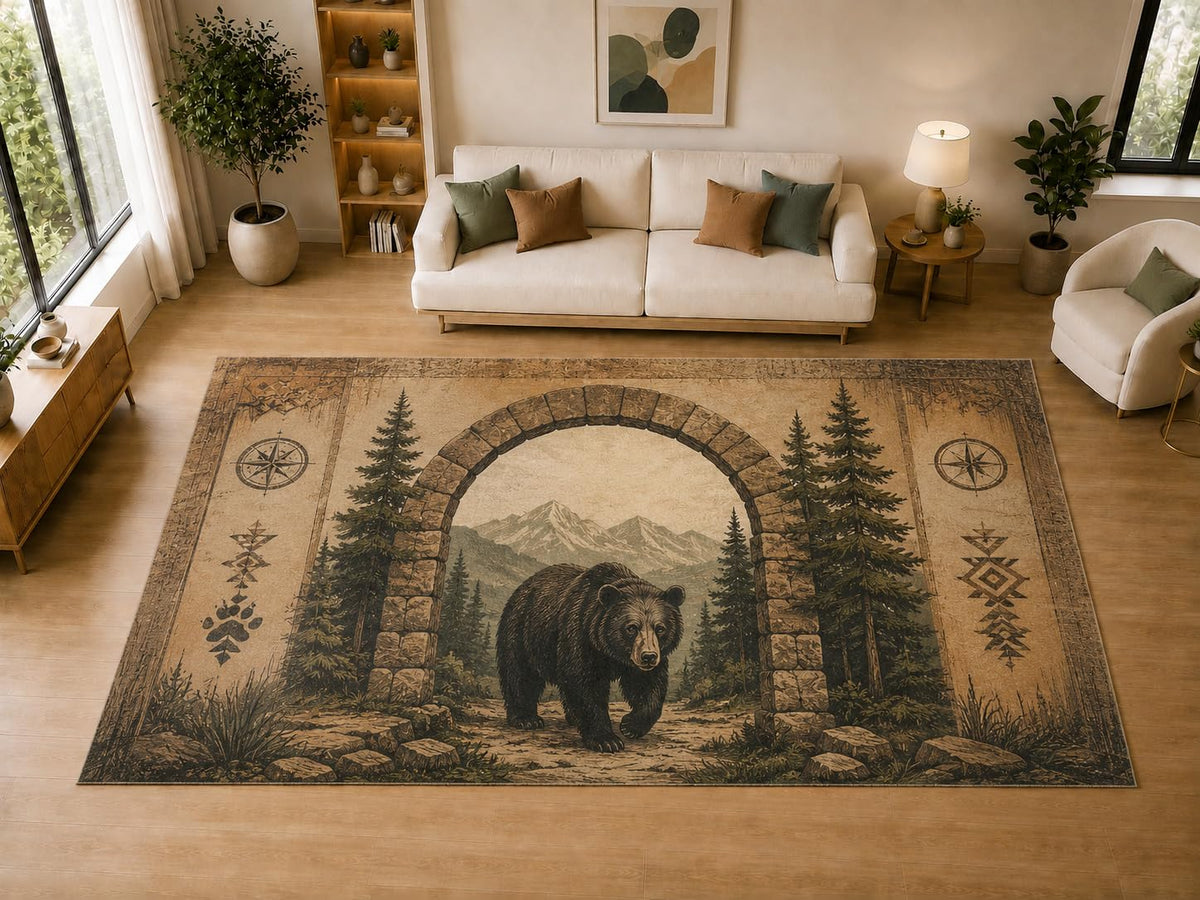 ICE ARMOR "Ultra Light Weight Large 6'7" x 9'10" Bear Stone Arch, Living Room, Bedroom, Dining Room, Office, Family Room, Soft Low Pile Indoor Rug, Non-Slip Silicone Backing, Brown