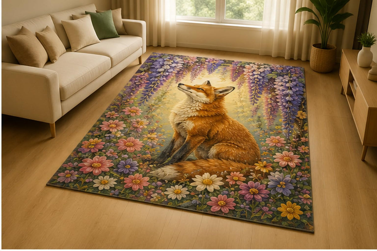 ICE ARMOR 5' x 7' Fox Wisteria Blossom Area Rug for Living Room, Soft Low Pile Indoor Rug with Non-Slip Silicone Backing, Woodland Wildlife Decor for Bedroom, Office, Family Room