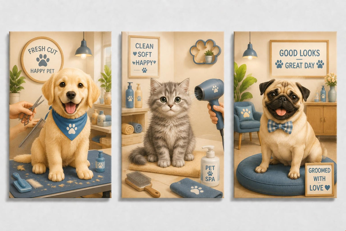 ICE ARMOR Large Set of 3 Pet Grooming Wall Art Golden Retriever Kitten and Pug Canvas Prints Salon Animal Decor for Groomer Bathroom Waiting Area 16x24 Inch Frameless Canvas Print - Ready to hang