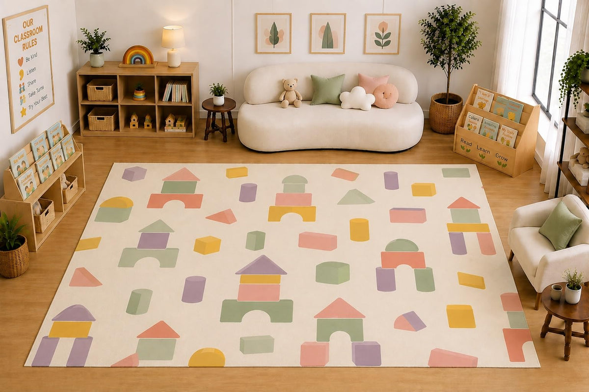ICE ARMOR Large 6'7" x 9'10" Building Blocks Shapes Area Rug for Kids Room, Classroom, Bedroom, Playroom Decor, Soft Low Pile Indoor Rug with Non-Slip Silicone Backing, Cream Pastel