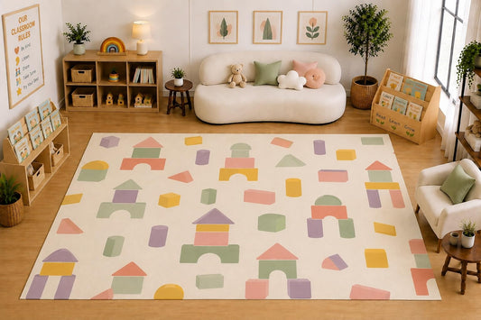 ICE ARMOR Large 6'7" x 9'10" Building Blocks Shapes Area Rug for Kids Room, Classroom, Bedroom, Playroom Decor, Soft Low Pile Indoor Rug with Non-Slip Silicone Backing, Cream Pastel