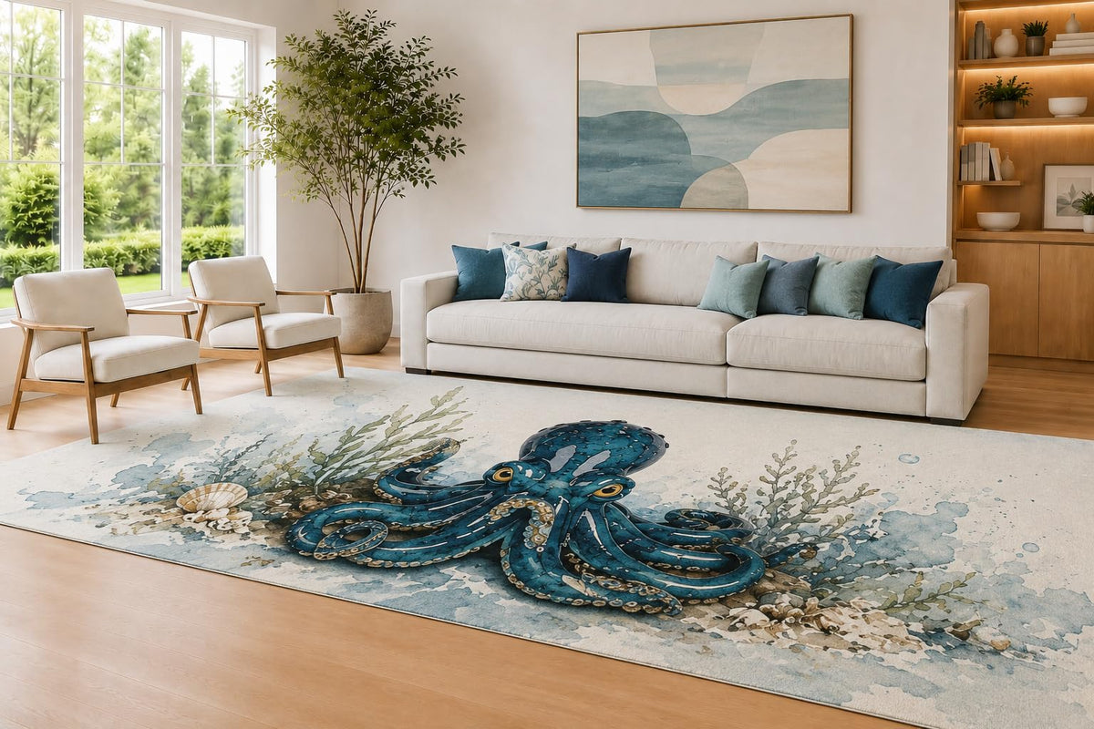 ICE ARMOR Large 6'7" x 9'10" Blue and Sand Ocean Octopus Area Rug for Living Room, Soft Low Pile Carpet with Non-Slip Silicone Backing, Decor for Bedroom and Home Office