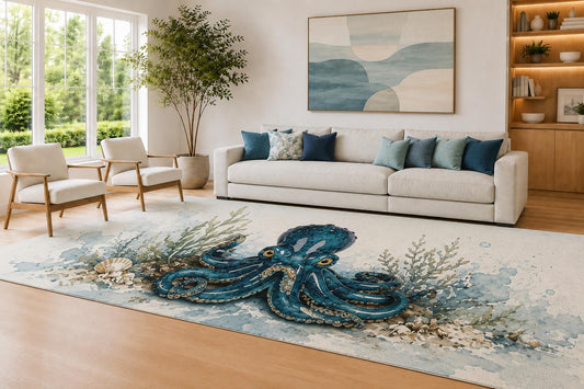 ICE ARMOR Large 6'7" x 9'10" Blue and Sand Ocean Octopus Area Rug for Living Room, Soft Low Pile Carpet with Non-Slip Silicone Backing, Decor for Bedroom and Home Office