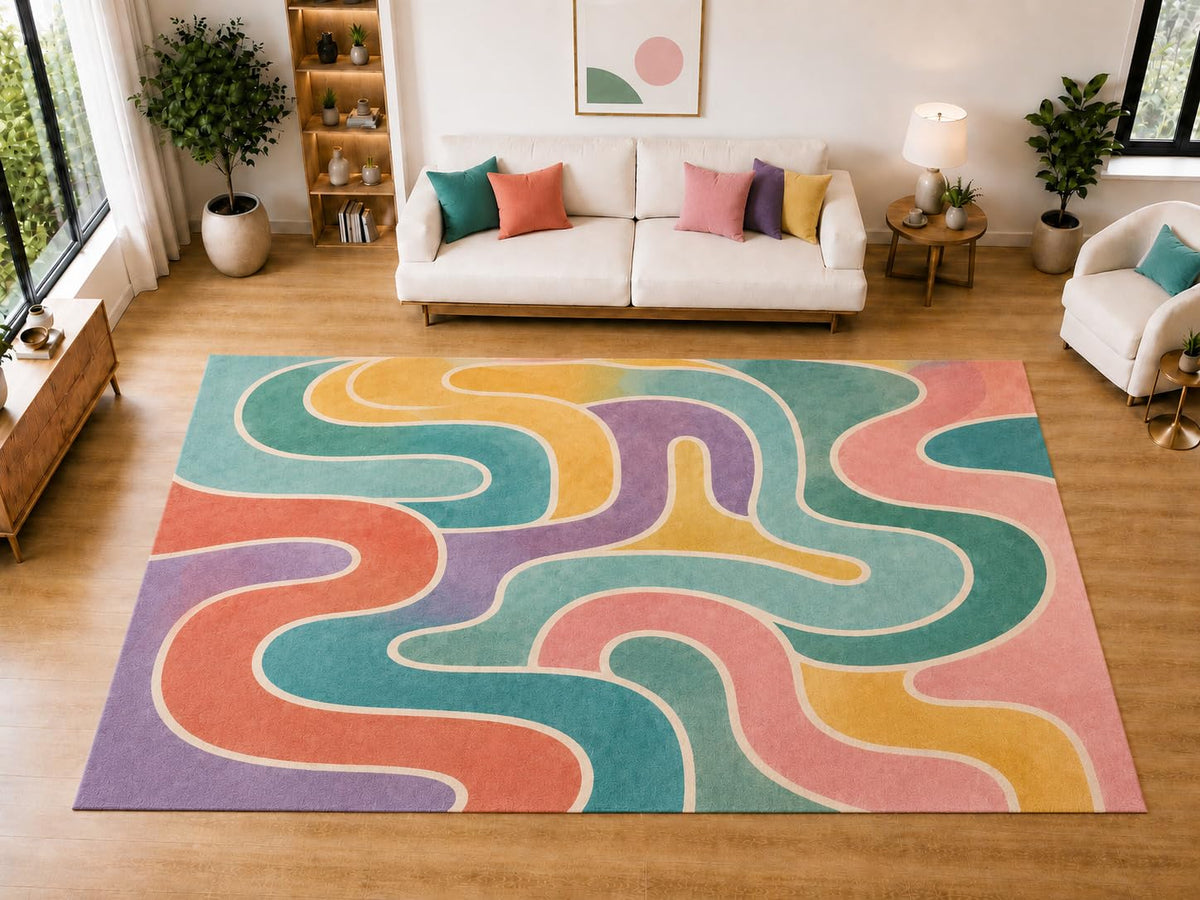 ICE ARMOR "Ultra Light Weight Large 6'7 x 9'10 Interlocking Fluid Lines Area Rug for Living Room, Dining Room, and Bedroom, Soft Low Pile Indoor Rug, Playful Floor Decor