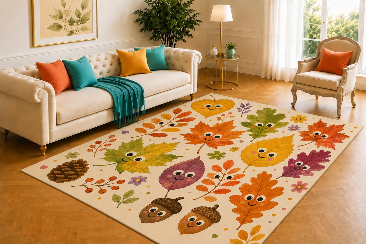 ICE ARMOR 5' x 7' Googly Leaf Autumn Rug, Whimsical Maple Character Pattern, Cute Low Profile Carpet for Preschool, Daycare, Nursery and Activity Room