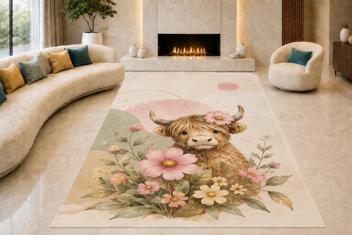 ICE ARMOR "Ultra Lightweight Large 6'7" x 9'10" Highland Cow Garden Area Rug for Living Room, Bedroom and Home Office, Soft Low Pile Carpet with Non-Slip Silicone Backing, Cream and Pink