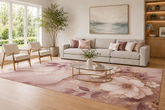 ICE ARMOR Large 6'7" x 9'10" Mauve and Cream Vintage Floral Bouquet Area Rug for Living Room, Soft Low Pile Carpet with Non-Slip Silicone Backing, Decor for Bedroom and Home Office