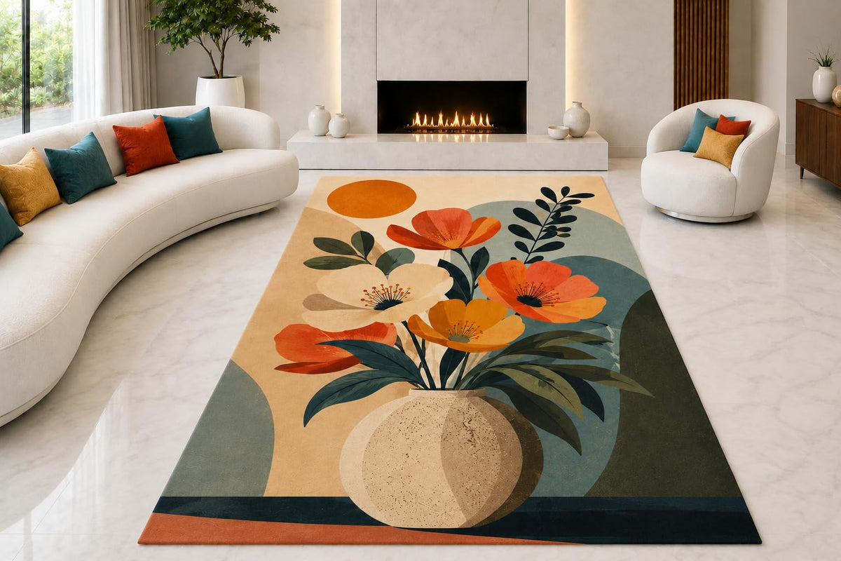 ICE ARMOR "Ultra Lightweight Large 6'7" x 9'10" Modern Floral Vase Area Rug for Living Room, Bedroom and Home Office, Soft Low Pile Carpet with Non-Slip Silicone Backing, Orange and Green