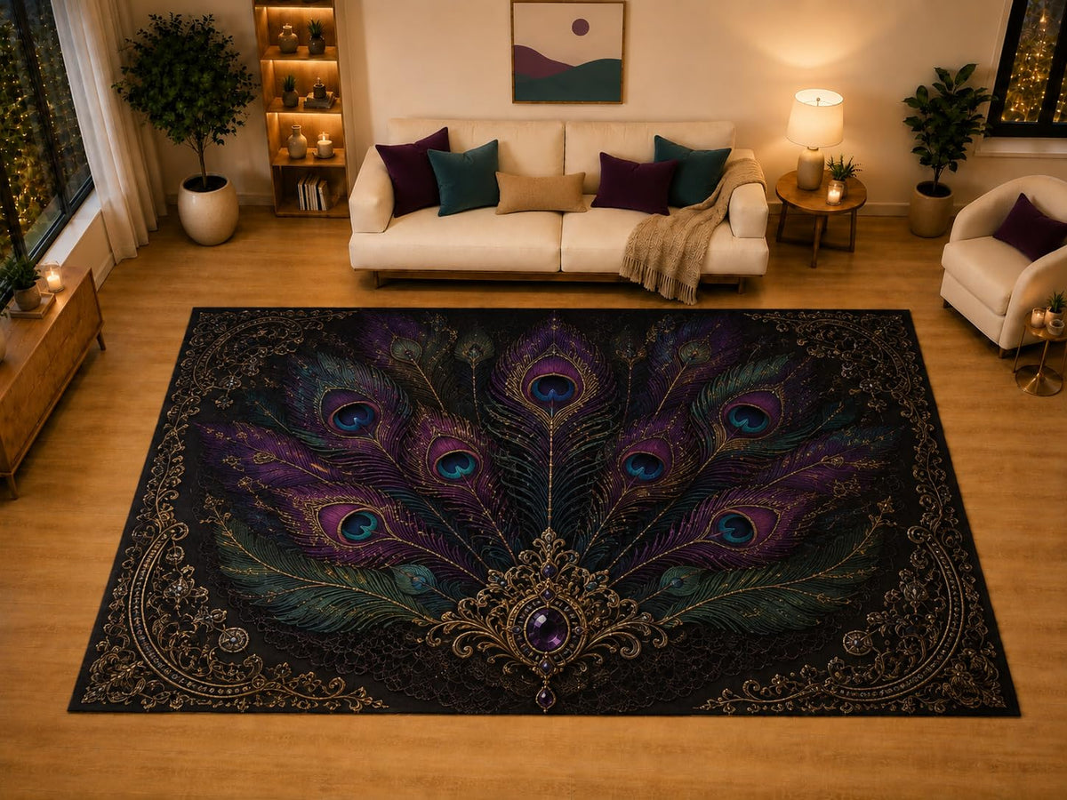 ICE ARMOR "Ultra Light Weight Large 6'7" x 9'10" Peacock Feather Gothic Area Rug for Living Room Bedroom Dining Area, Soft Low Pile Non-Slip Backing, Purple Teal Black Victorian Decor