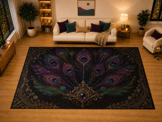 ICE ARMOR "Ultra Light Weight Large 6'7" x 9'10" Peacock Feather Gothic Area Rug for Living Room Bedroom Dining Area, Soft Low Pile Non-Slip Backing, Purple Teal Black Victorian Decor