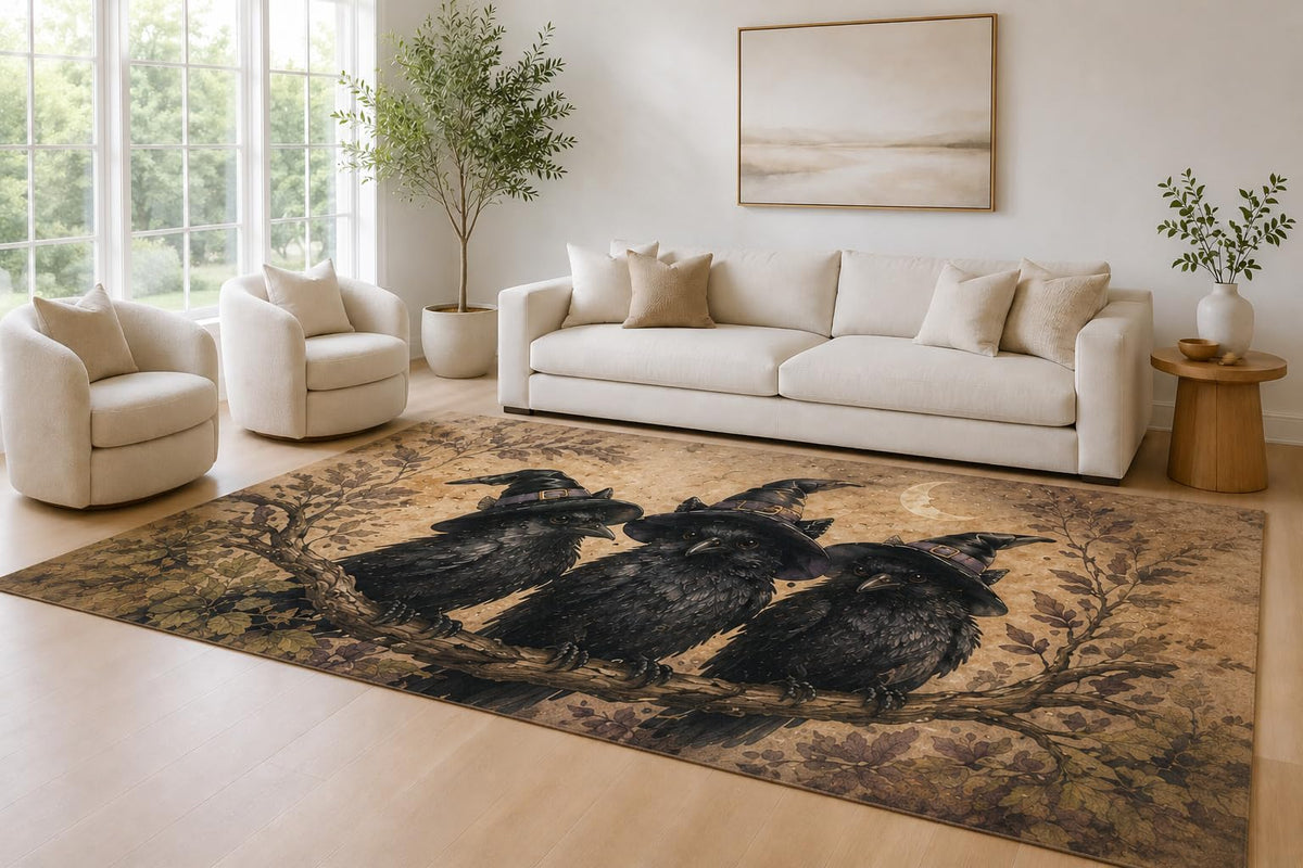 ICE ARMOR Large 6'7" x 9'10" Black and Sepia Witch Ravens Area Rug for Living Room, Soft Low Pile Carpet with Non-Slip Silicone Backing, Decor for Bedroom and Home Office