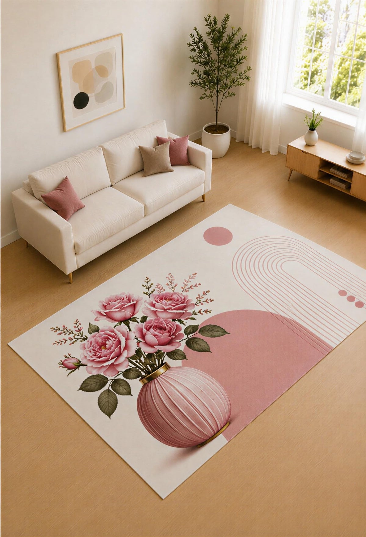 ICE ARMOR 5' x 7' Rose Pink and Cream Floral Arc Area Rug for Living Room, Soft Low Pile Carpet with Non-Slip Silicone Backing, Decor for Bedroom and Home Office