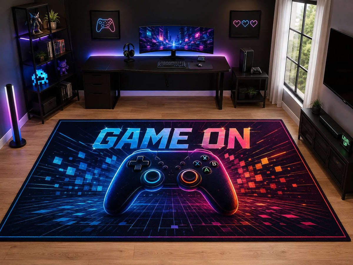 ICE ARMOR "Ultra Light Weight Large 6'7" x 9'10" Game On Controller Area Rug for Kids Room Playroom, Soft Low Pile Indoor Rug and Non-Slip Silicone Backing, Black