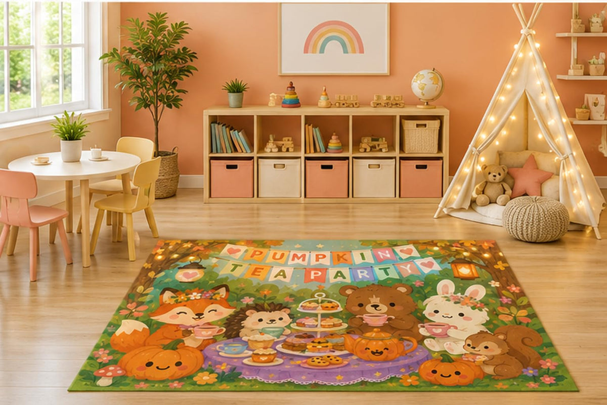 ICE ARMOR 5' x 7' Pumpkin Tea Party Forest Friends Kids Area Rug, Cute Woodland Animal Autumn Cartoon Playroom Nursery Bedroom Decor, Non-Slip Silicone Backing Low Pile