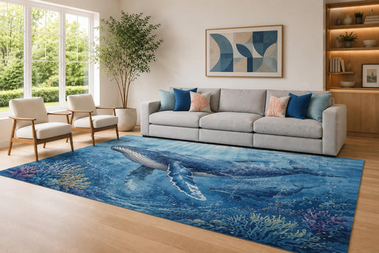 ICE ARMOR Large 6'7" x 9'10" Blue and Purple Whale Family Area Rug for Living Room, Soft Low Pile Carpet with Non-Slip Silicone Backing, Decor for Bedroom Dining Room and Home Office