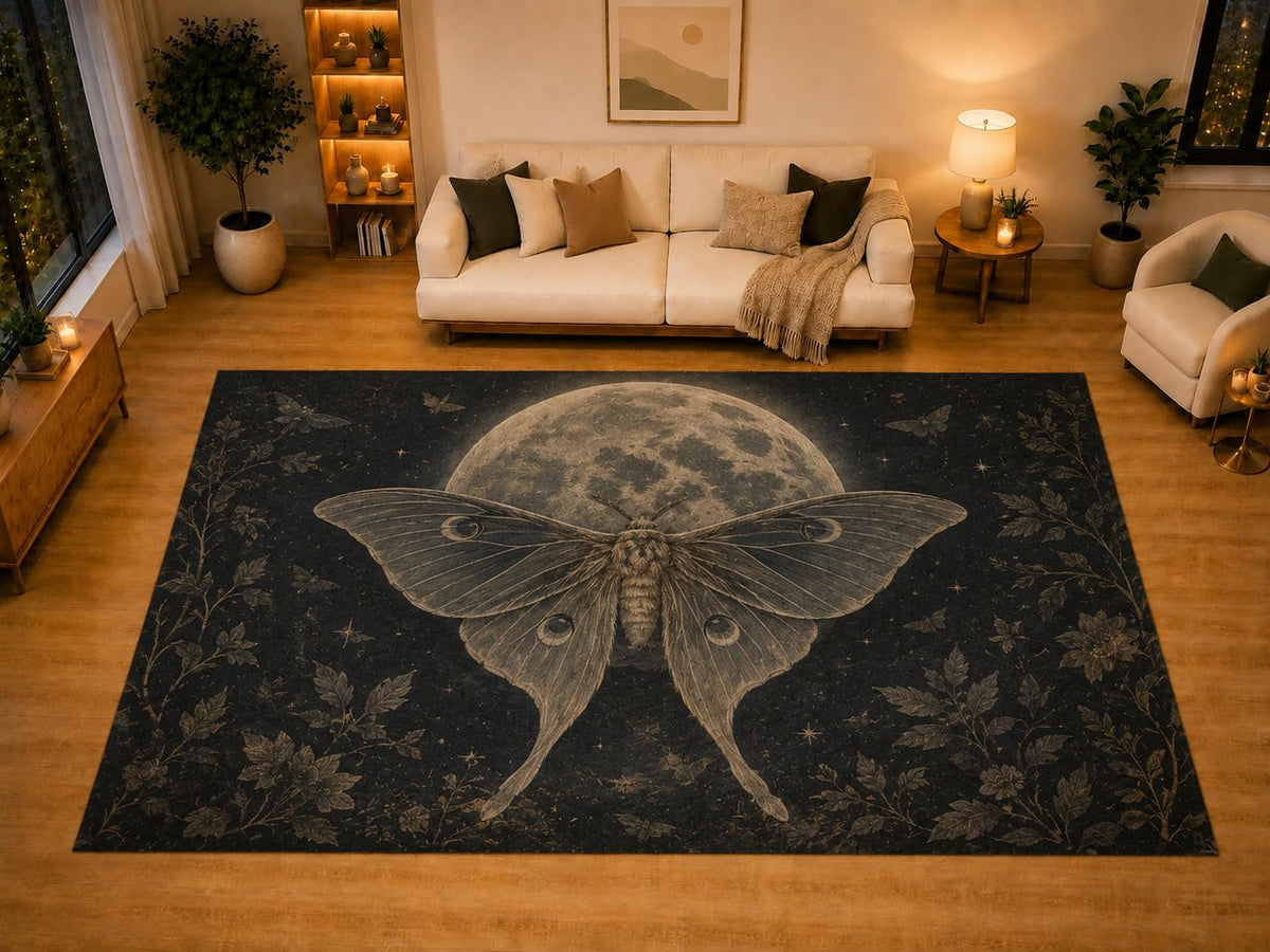 ICE ARMOR "Ultra Light Weight Large 6'7" x 9'10" Luna Moth Full Moon Gothic Area Rug for Living Room Bedroom, Soft Low Pile Non-Slip Backing, Black Beige Celestial Botanical Decor