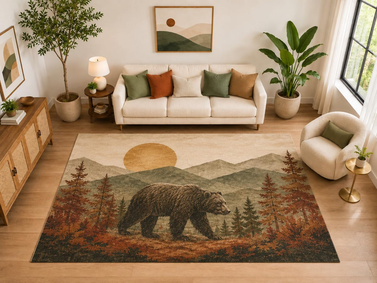ICE ARMOR "Ultra Light Weight Large 6'7" x 9'10" Autumn Bear Mountain Rug for Bedroom, Soft Low Pile Indoor Rug and Non-Slip Silicone Backing, Brown
