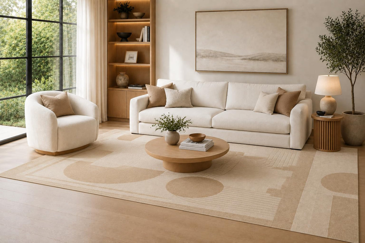 ICE ARMOR Large 6'7" x 9'10" Beige and Ivory Modern Circle Grid Area Rug for Living Room, Soft Low Pile Carpet with Non-Slip Silicone Backing, Decor for Bedroom and Home Office
