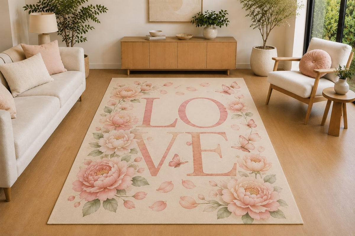 ICE ARMOR 5' x 7' Peony Butterfly Love Area Rug, Soft Low Pile Indoor Rug with Non-Slip Silicone Backing for Living Room, Bedroom, Family Room, Romantic Floral Decor, Cream Pink