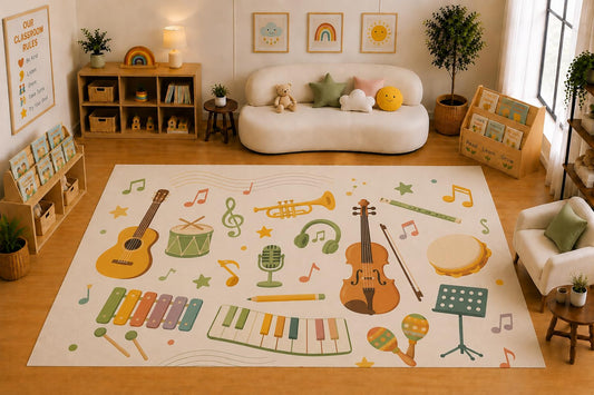 ICE ARMOR Large 6'7" x 9'10" Musical Instruments and Notes Area Rug for for Kids Room, Classroom, Bedroom, Playroom Decor, Soft Low Pile Indoor Rug with Non-Slip Silicone Backing, Cream Multicolor