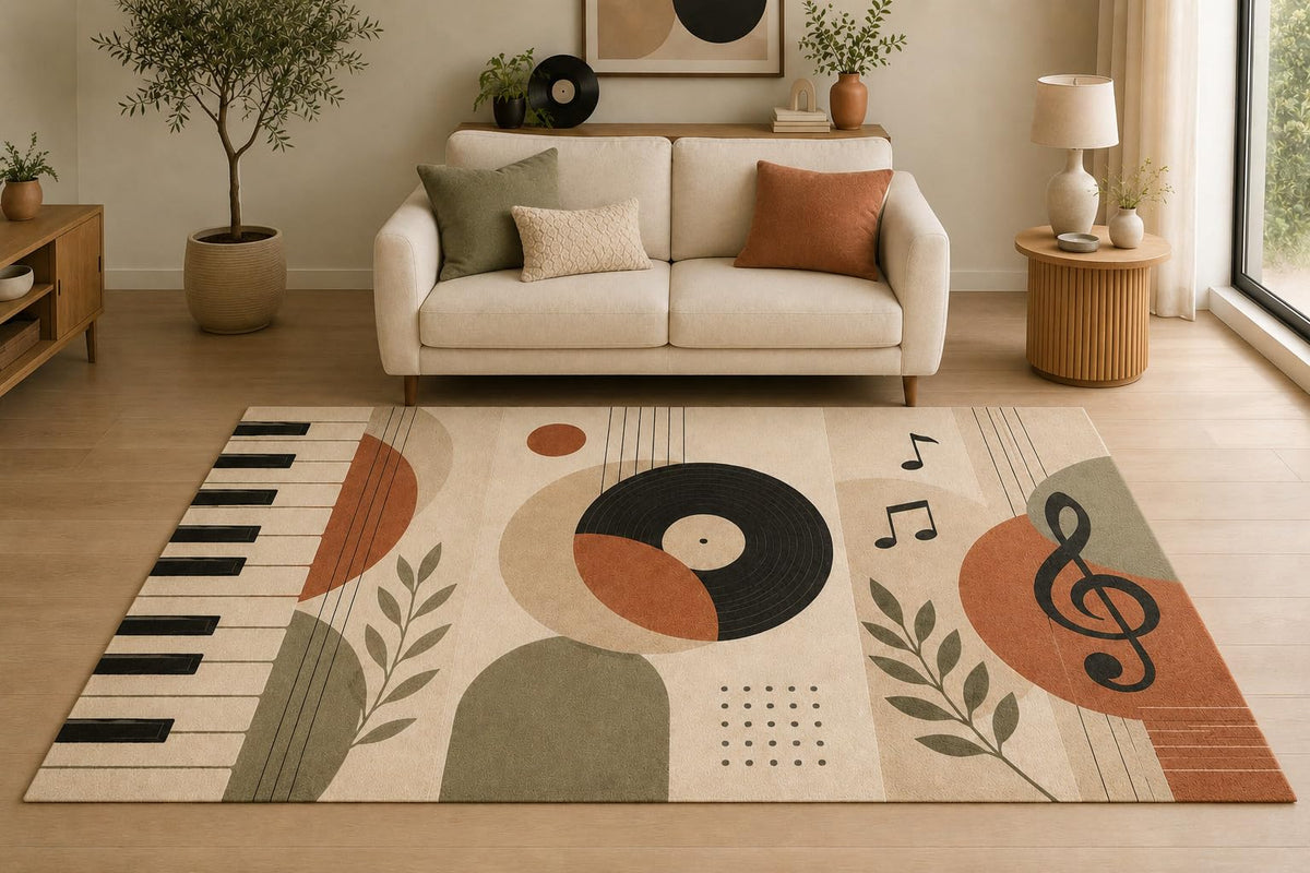 ICE ARMOR "Ultra Light Weight 5' x 7' Retro Music Collage Area Rug for Living Room, Bedroom and Home Office, Soft Low Pile Carpet with Non-Slip Silicone Backing, Beige and Black