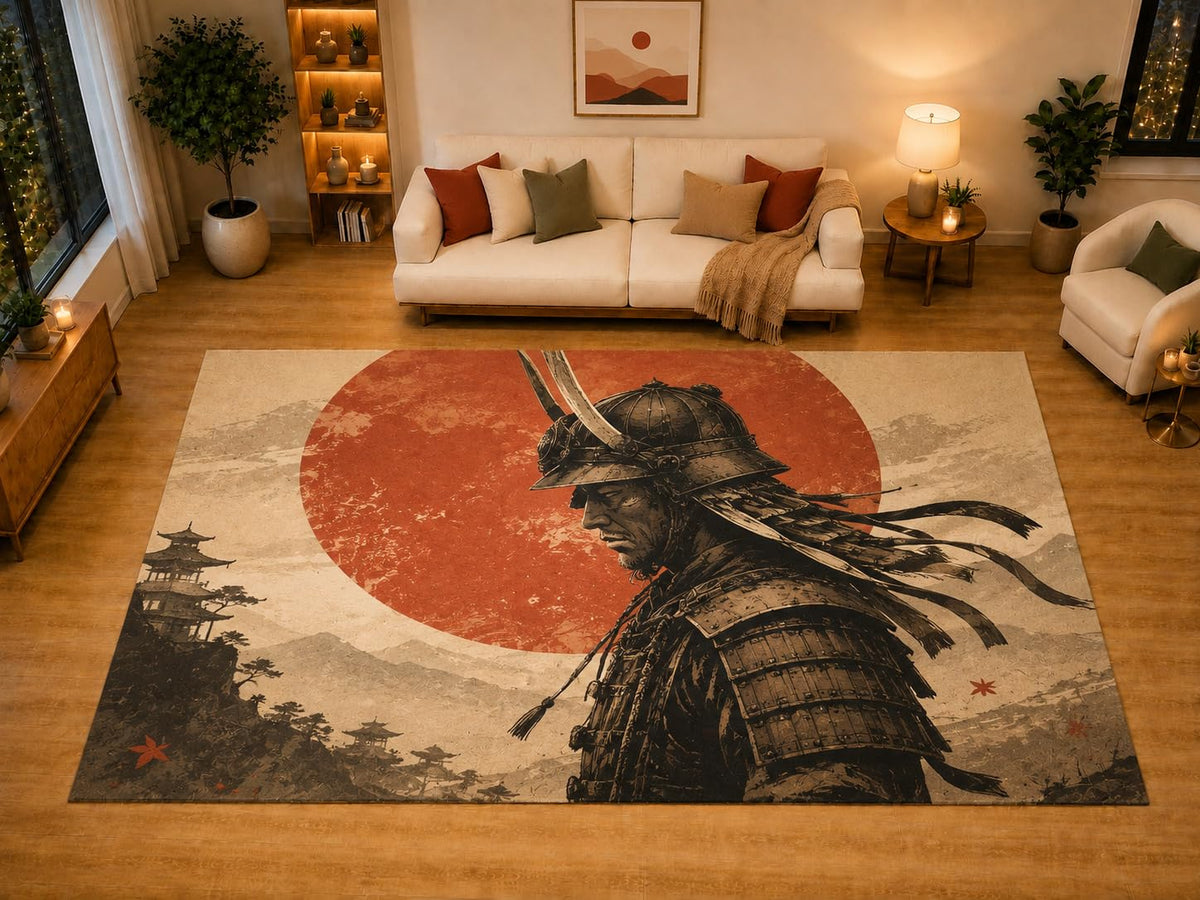 ICE ARMOR "Ultra Light Weight Large 6'7" x 9'10" Rising Sun Warrior Area Rug for Living Room Bedroom Dining Area, Soft Low Pile Non-Slip Backing, Beige Red Black Armor Decor
