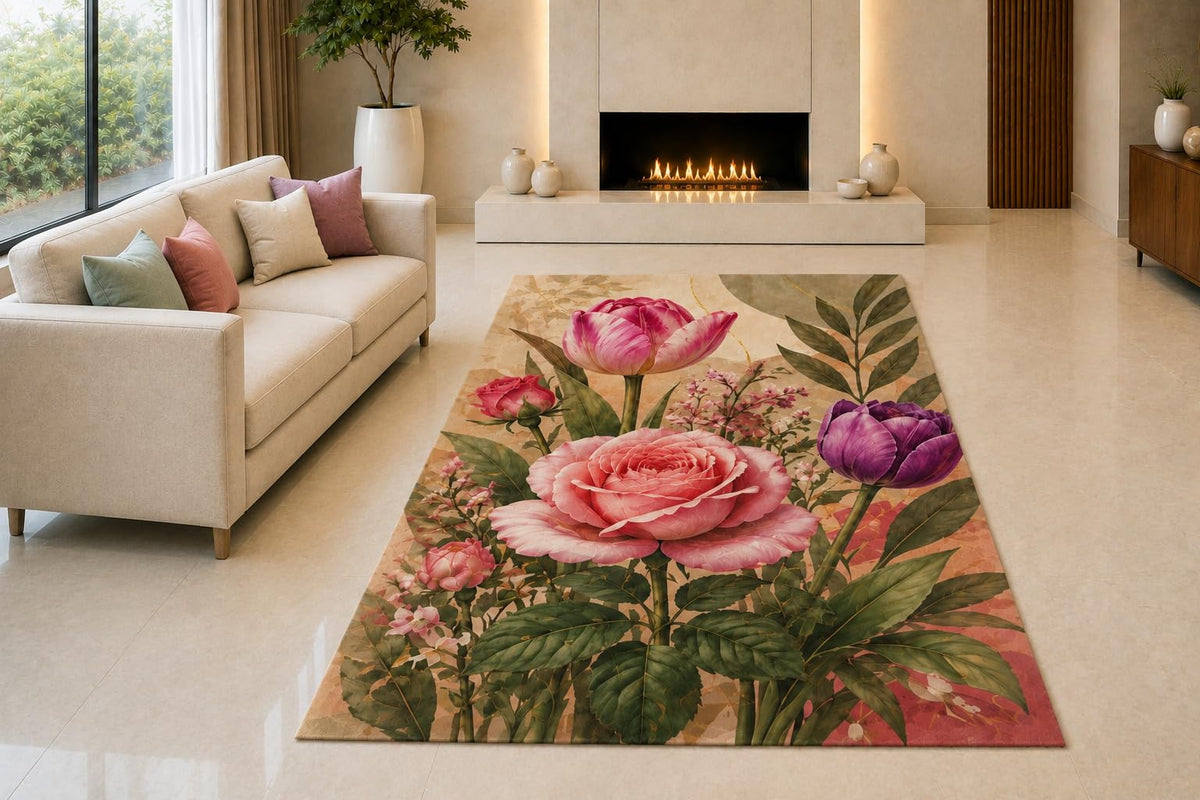 ICE ARMOR "Ultra Light Weight 5' x 7' Rose and Tulip Garden Area Rug for Living Room, Bedroom and Home Office, Soft Low Pile Carpet with Non-Slip Silicone Backing, Pink and Green