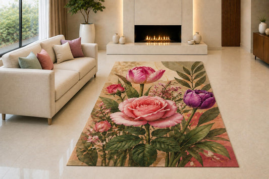 ICE ARMOR "Ultra Light Weight 5' x 7' Rose and Tulip Garden Area Rug for Living Room, Bedroom and Home Office, Soft Low Pile Carpet with Non-Slip Silicone Backing, Pink and Green