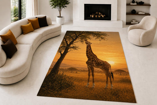 ICE ARMOR "Ultra Lightweight Large 6'7" x 9'10" Savanna Giraffe Dusk Area Rug for Living Room, Bedroom and Home Office, Soft Low Pile Carpet with Non-Slip Silicone Backing, Orange and Black