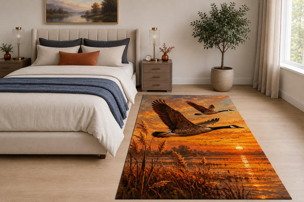 ICE ARMOR "Ultra Light Weight 5' x 7' Flying Geese Sunset Area Rug for Living Room, Bedroom and Home Office, Soft Low Pile Carpet with Non-Slip Silicone Backing, Orange and Brown