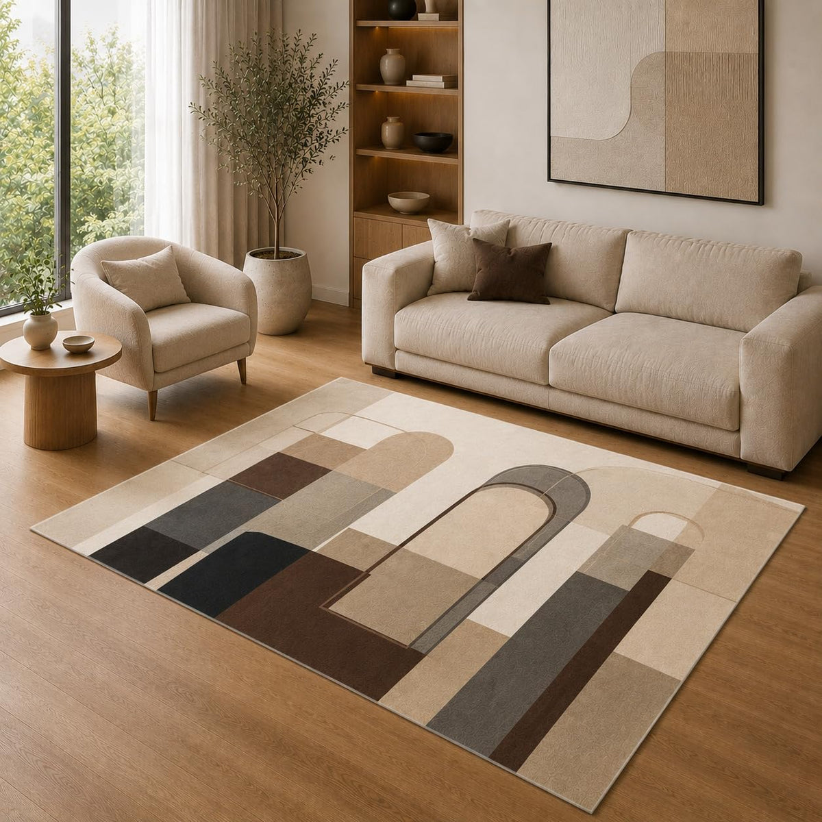 ICE ARMOR 5' x 7' Modern Geometric Arch Area Rug for Living Room, Soft Low Pile Indoor Rug with Non-Slip Silicone Backing, Decorative Carpet for Bedroom, Office, Family Room, Brown