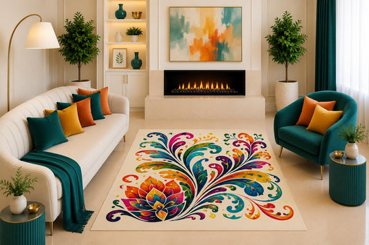 ICE ARMOR "Ultra Light Weight 5' x 7' Colorful Lotus Vine Area Rug Boho Folk Art Floral Botanical Decor for Living Room Bedroom Entryway Office Non-Slip Silicone Backing Low Pile